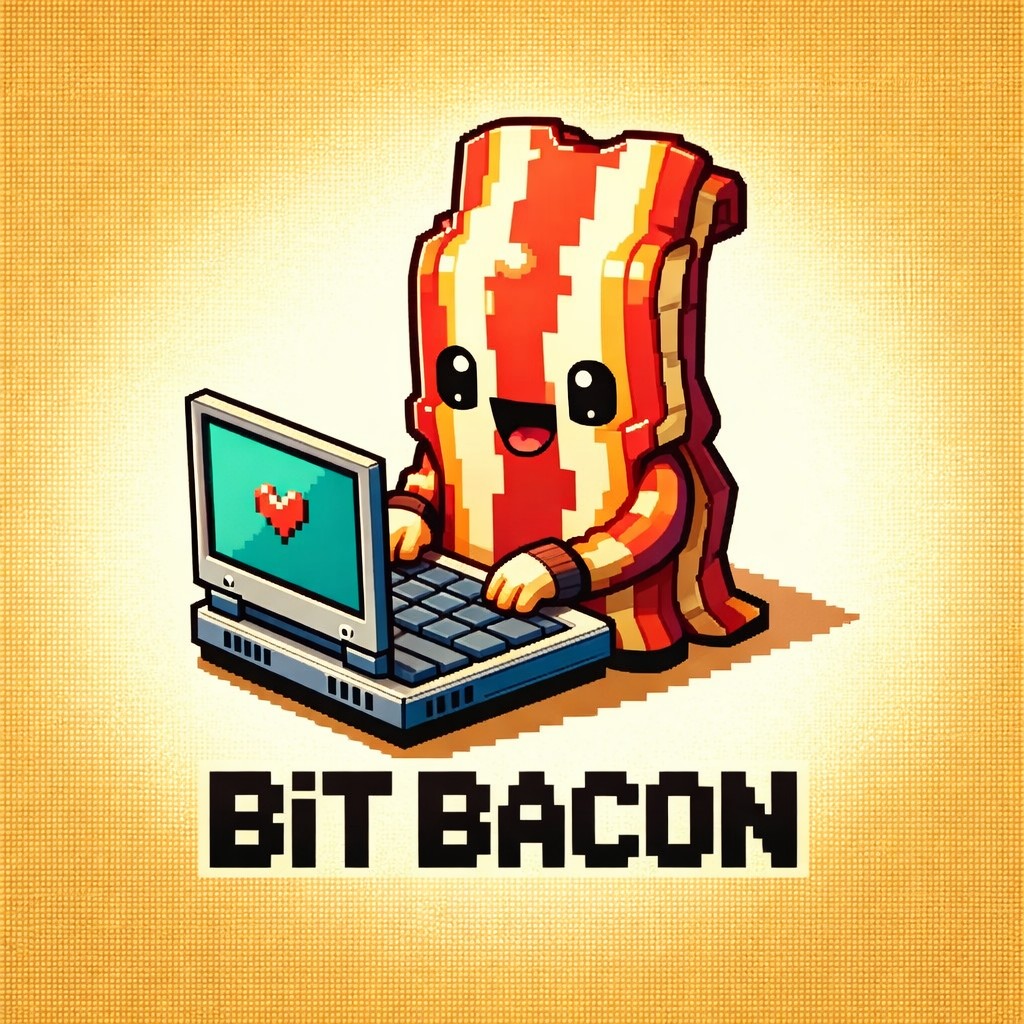 BitBacon mascot - cute pixel bacon typing on a retro laptop